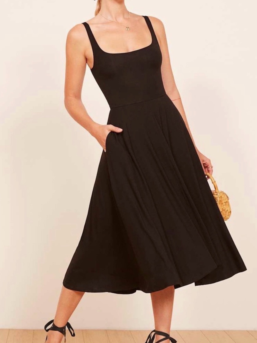 Reformation Rou Knit Dress - Classic Black Scoop Neck Midi Dress - Women
